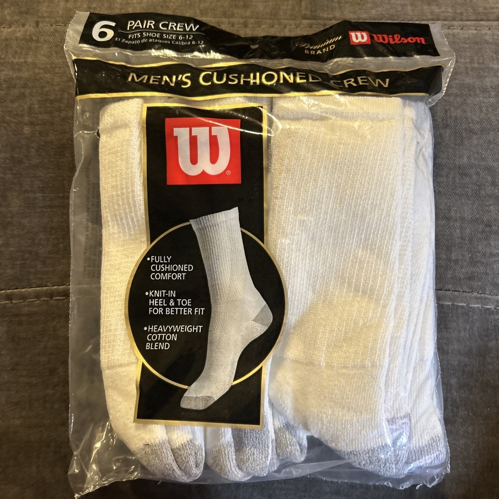Vintage WILSON Premium Socks 6 Pairs Men's Cushioned Crew Socks Size 6-12 USA